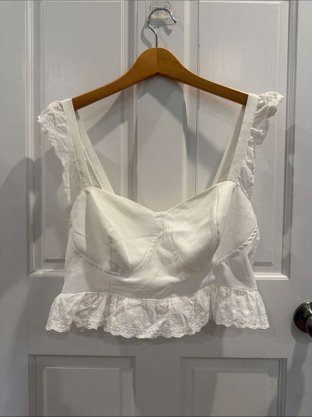 SHEIN White Lace-Trim Bustier Crop Top with ruffle eyelet details